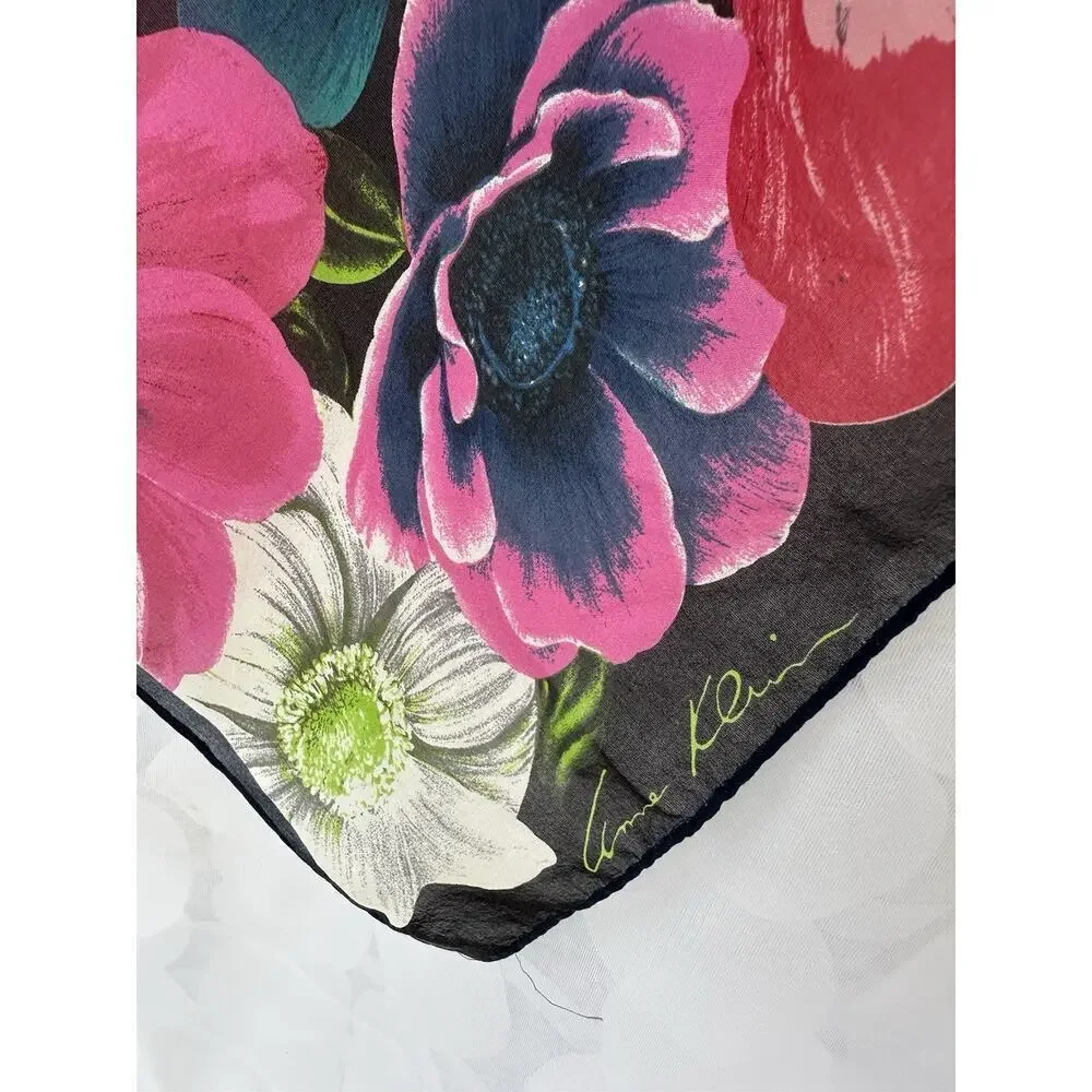Vintage Anne Klein 100% Silk Scarf JAPAN Floral ANEMONE Red Pink Blue Elegant